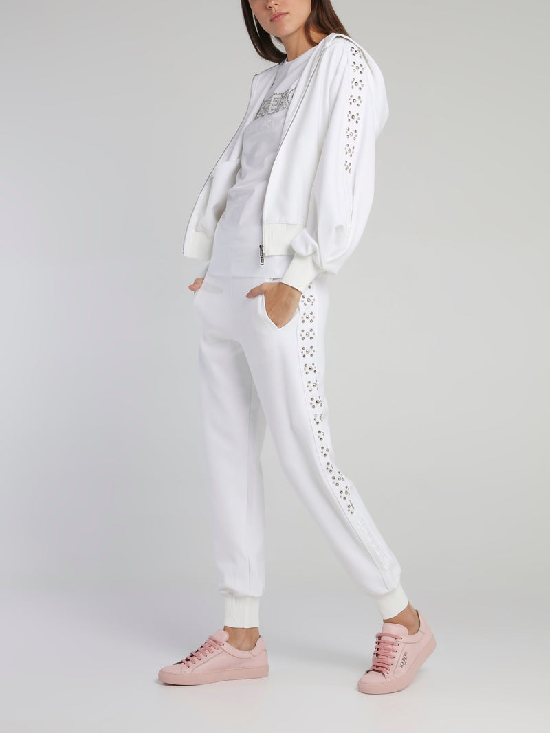 White Studded Sleeve Hooded Sweat Jacket