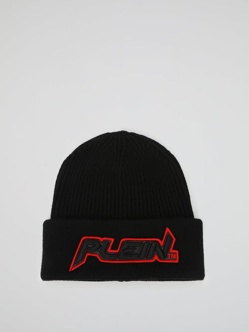 Space Plein Black Ribbed Beanie