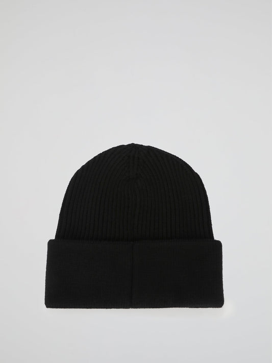 Space Plein Black Ribbed Beanie