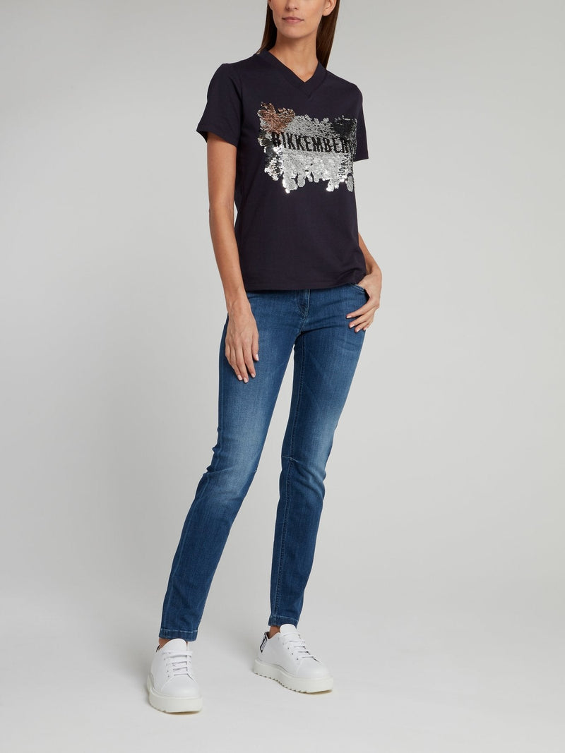 Navy Sequin Logo V-Neck T-Shirt