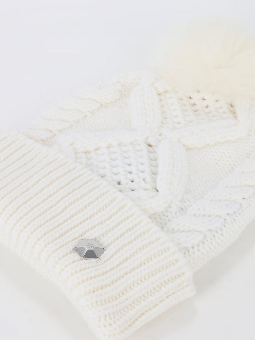 White Ribbed Pom Pom Beanie