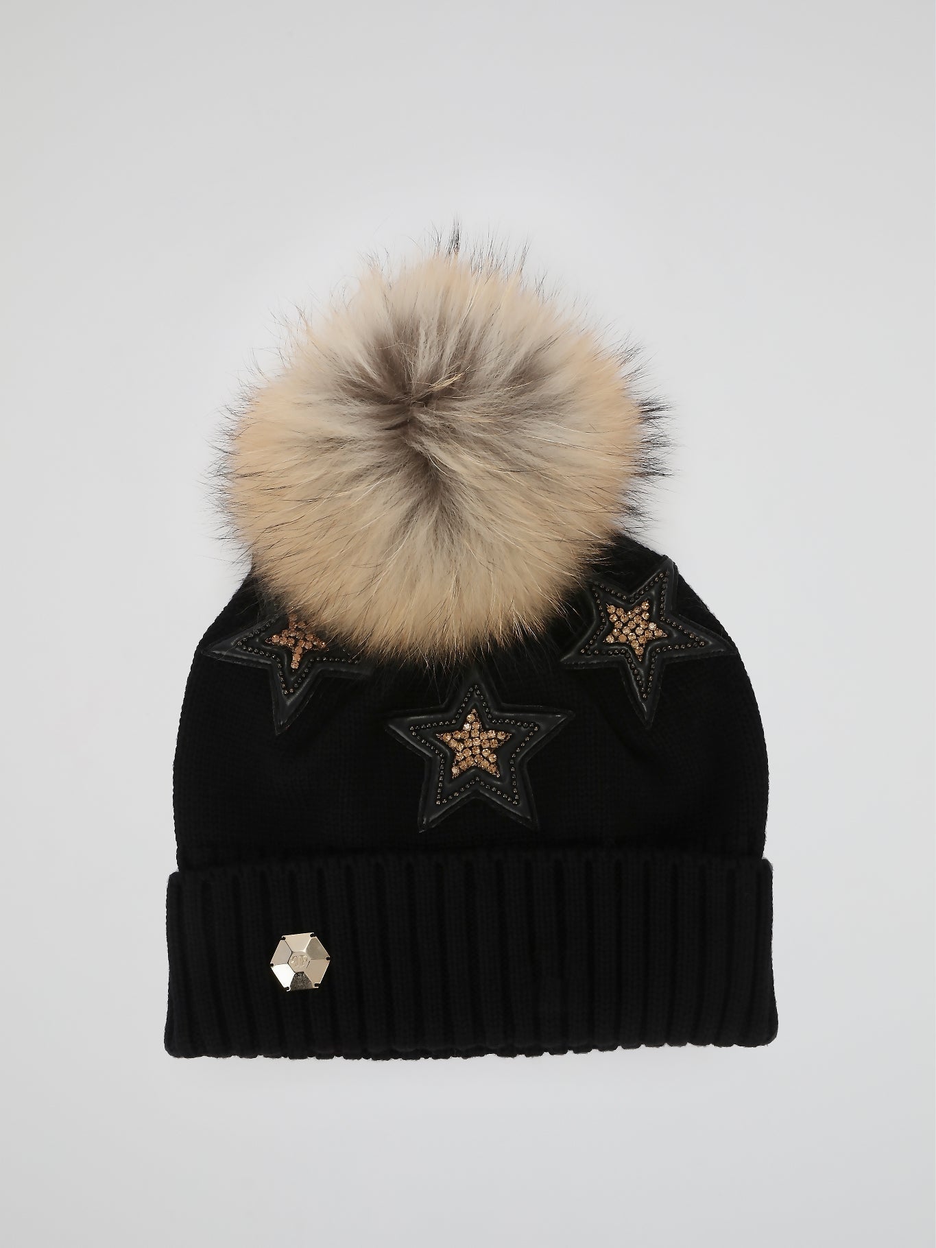 Black Studded Fold Over Pom Pom Beanie