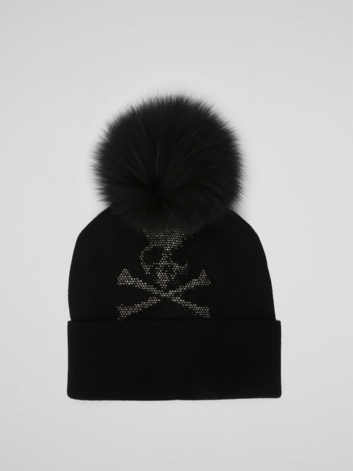 Black Strass Skull Pom Pom Beanie