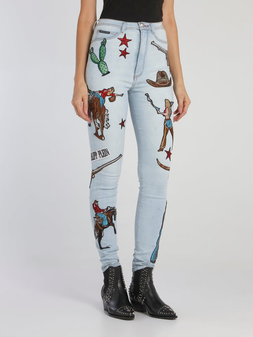 Cowboy Patched High Waist Jeggings