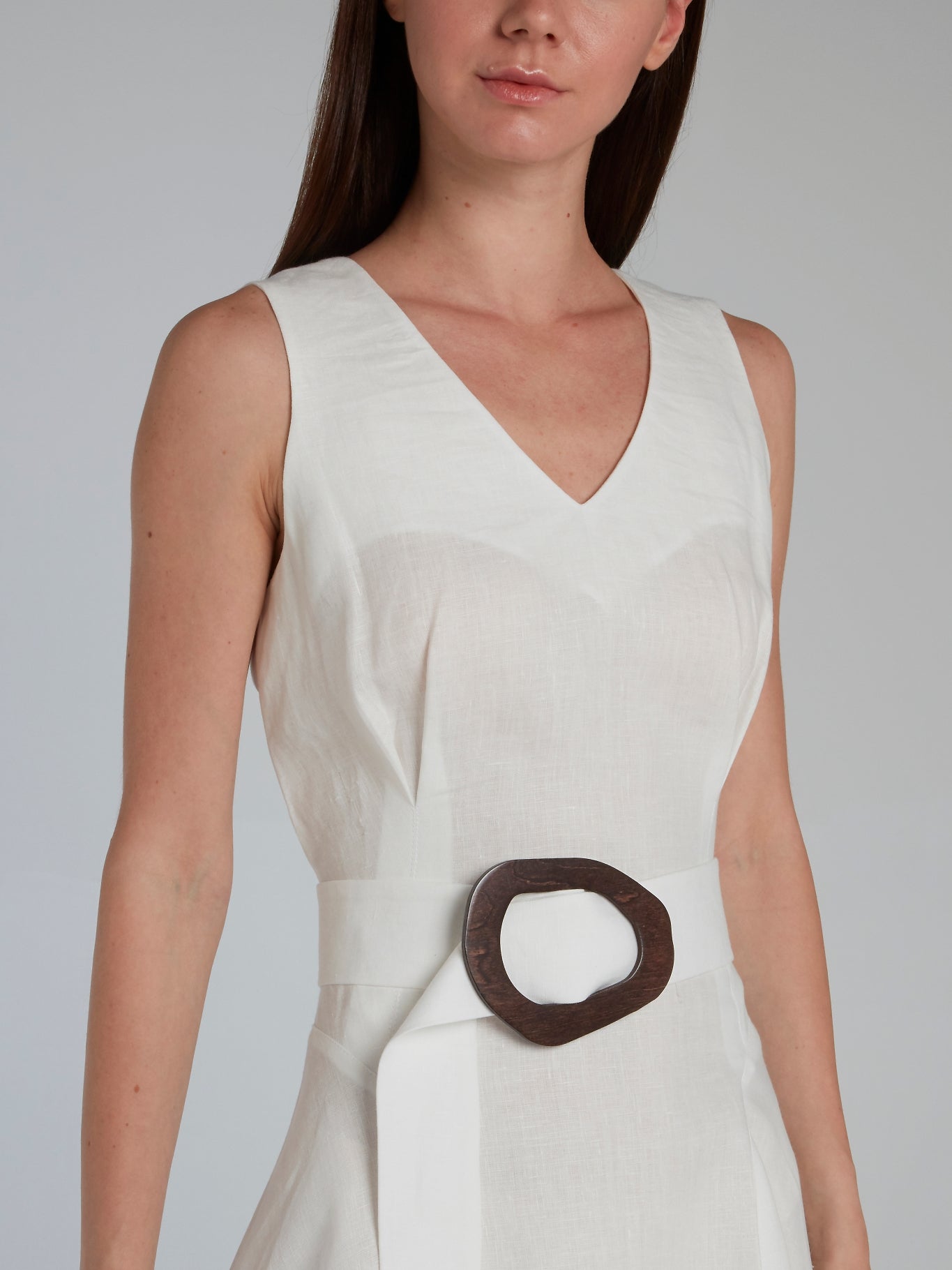 White Belted V-Neck Midi Dress