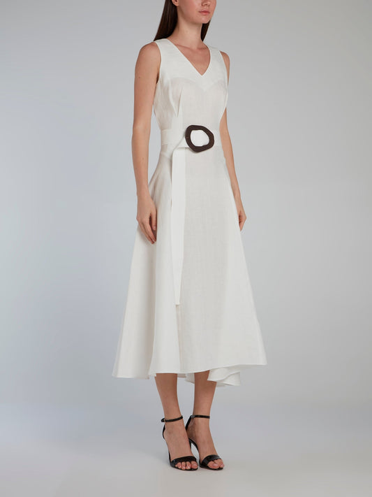 White Belted V-Neck Midi Dress