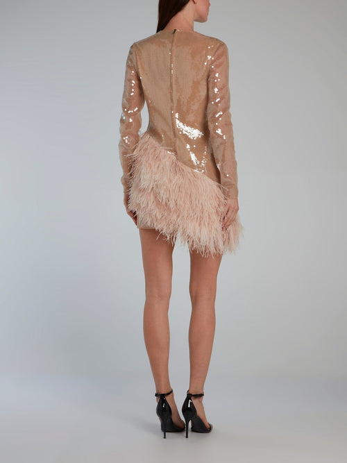 Beige Feather Hem Long Sleeve Sequin Dress