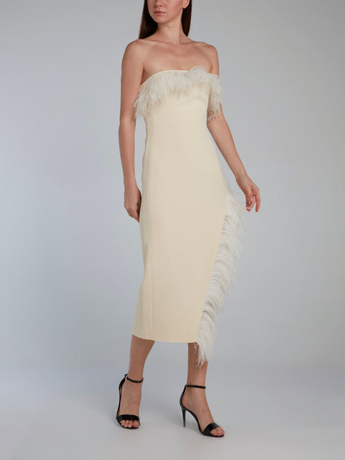 Feather Trim Asymmetrical Hem Strapless Midi Dress