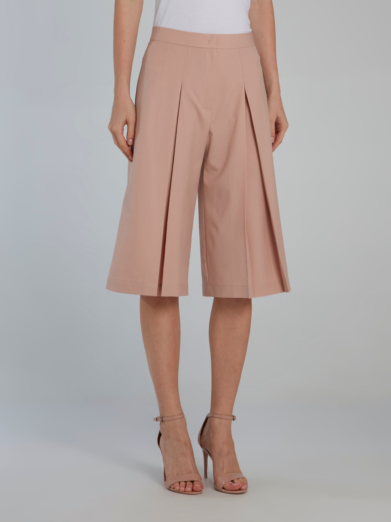 Beige Pleated Pinstripe Culottes