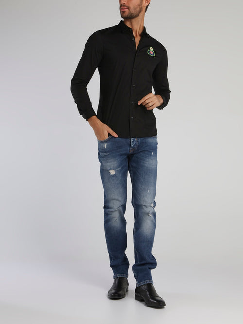 Black Embroidered Monogram Long Sleeve Shirt