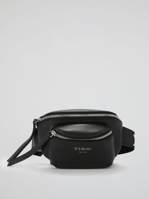 Black Leather Logo Strap Belt Bag