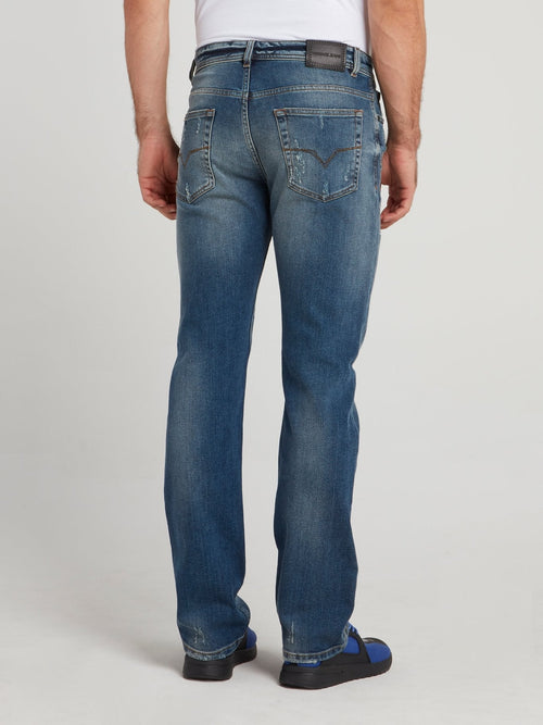 Blue Distressed Straight Cut Denim Jeans