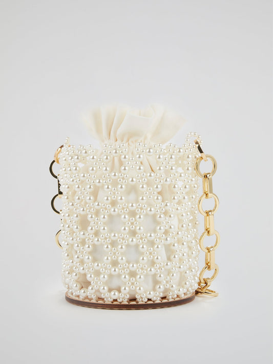 White Pearl Embellished Chain Strap Bucket Bag