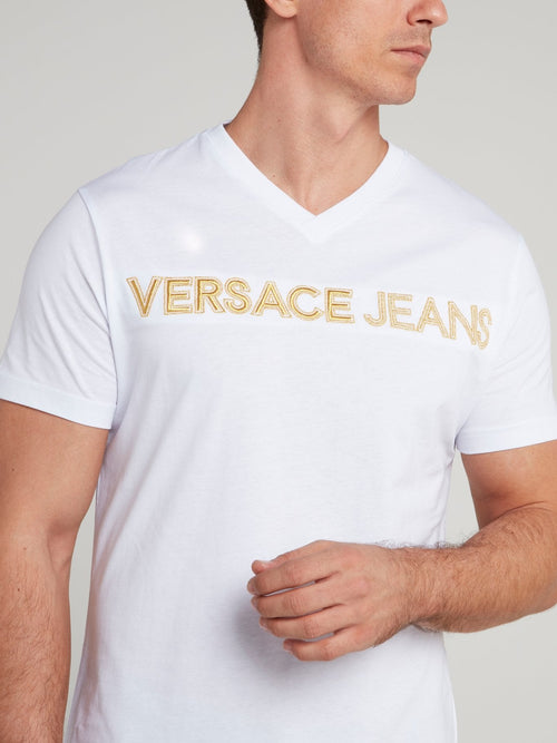 White Logo Embroidered V-Neck Shirt