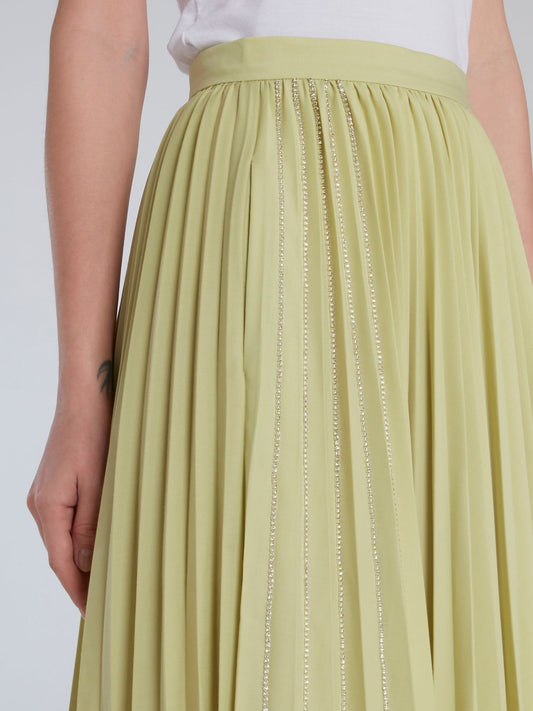 Lime Crystal Studded Accordion Midi Skirt