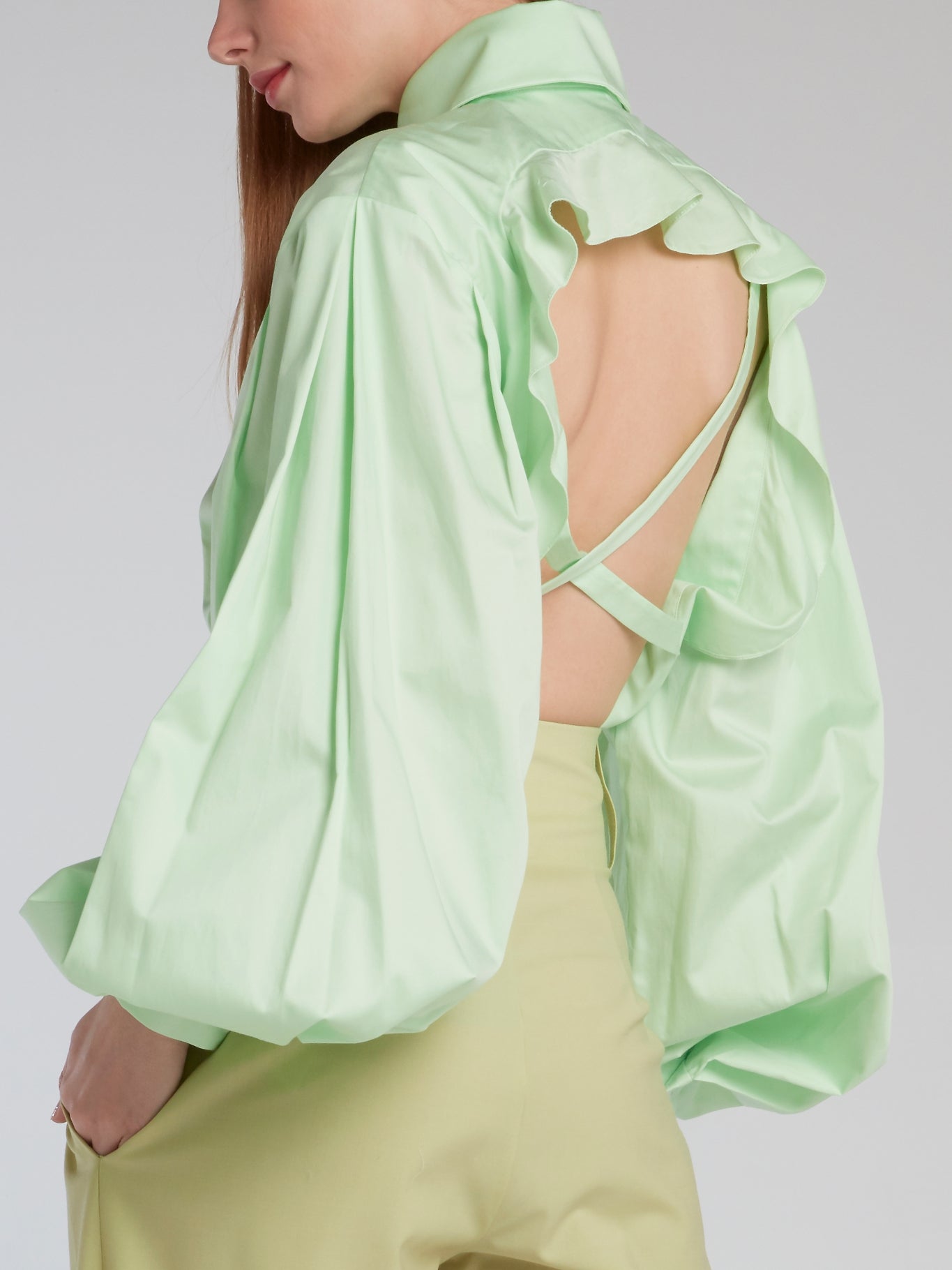 Mint Open Back Bishop Sleeve Shirt