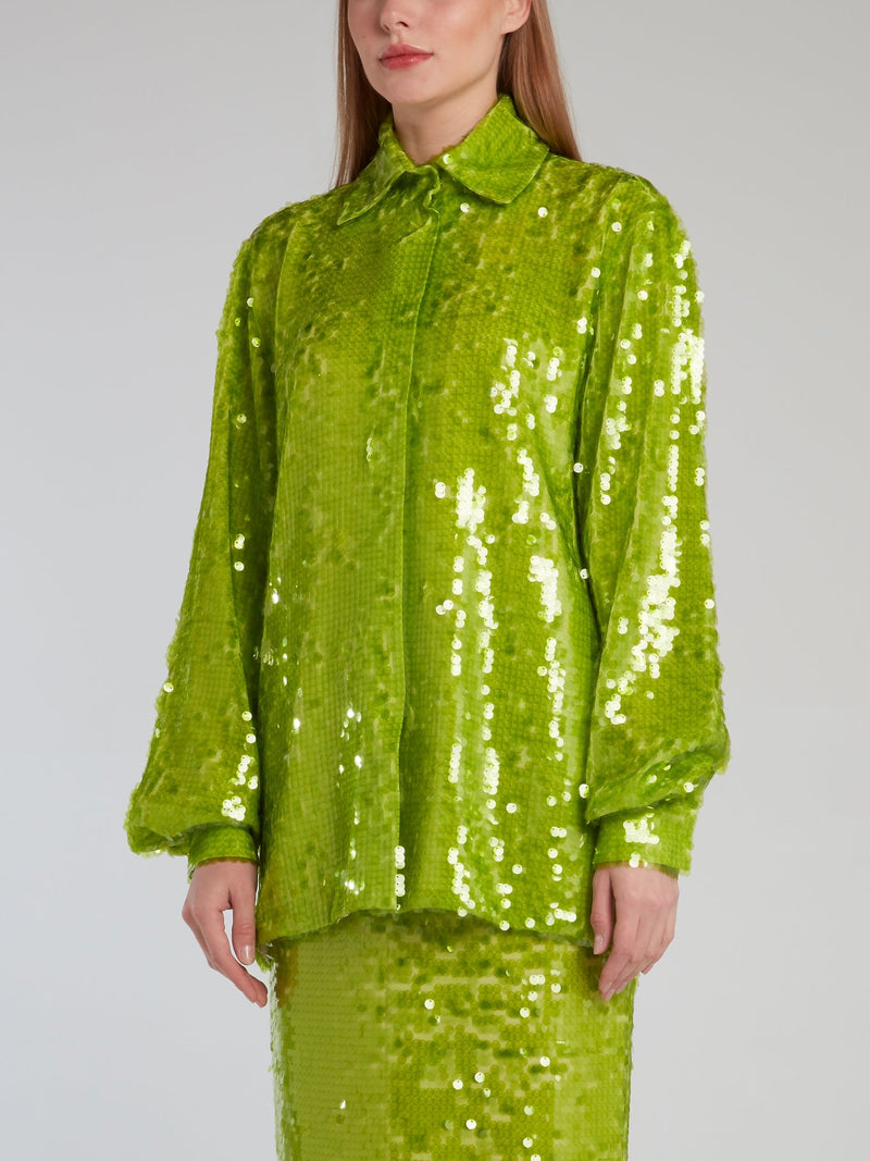 Neon Green Bishop Sleeve Sequin Shirt