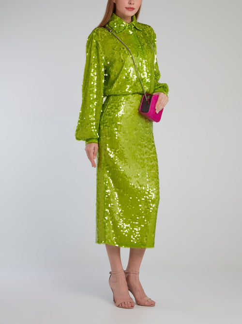 Neon Green Bishop Sleeve Sequin Shirt