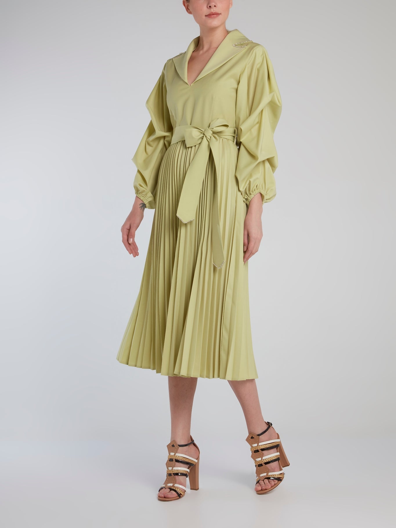 Lime Long Sleeve Accordion Shirt Dress