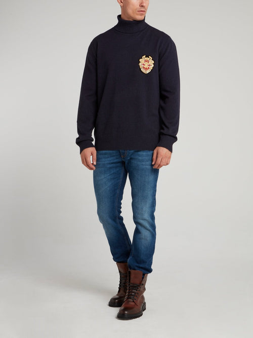 Navy Logo Appliquéd Turtleneck Top