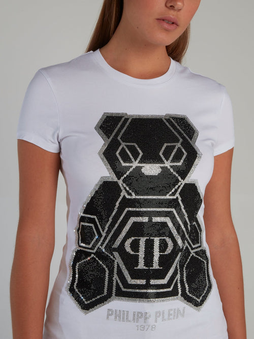 Teddy Bear White Strass Studded T-Shirt