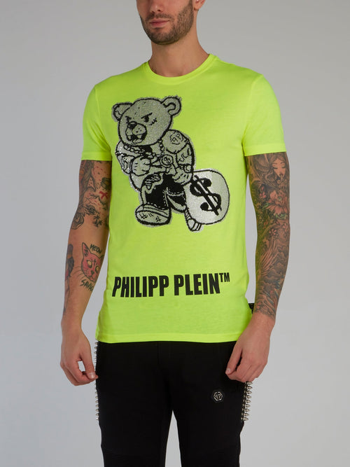 Neon Yellow Strass Bear Crewneck T-Shirt