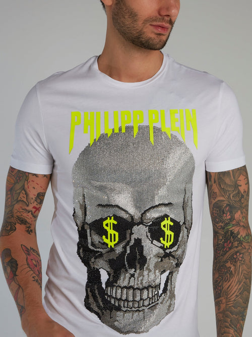 Skull Strass White Cotton T-Shirt