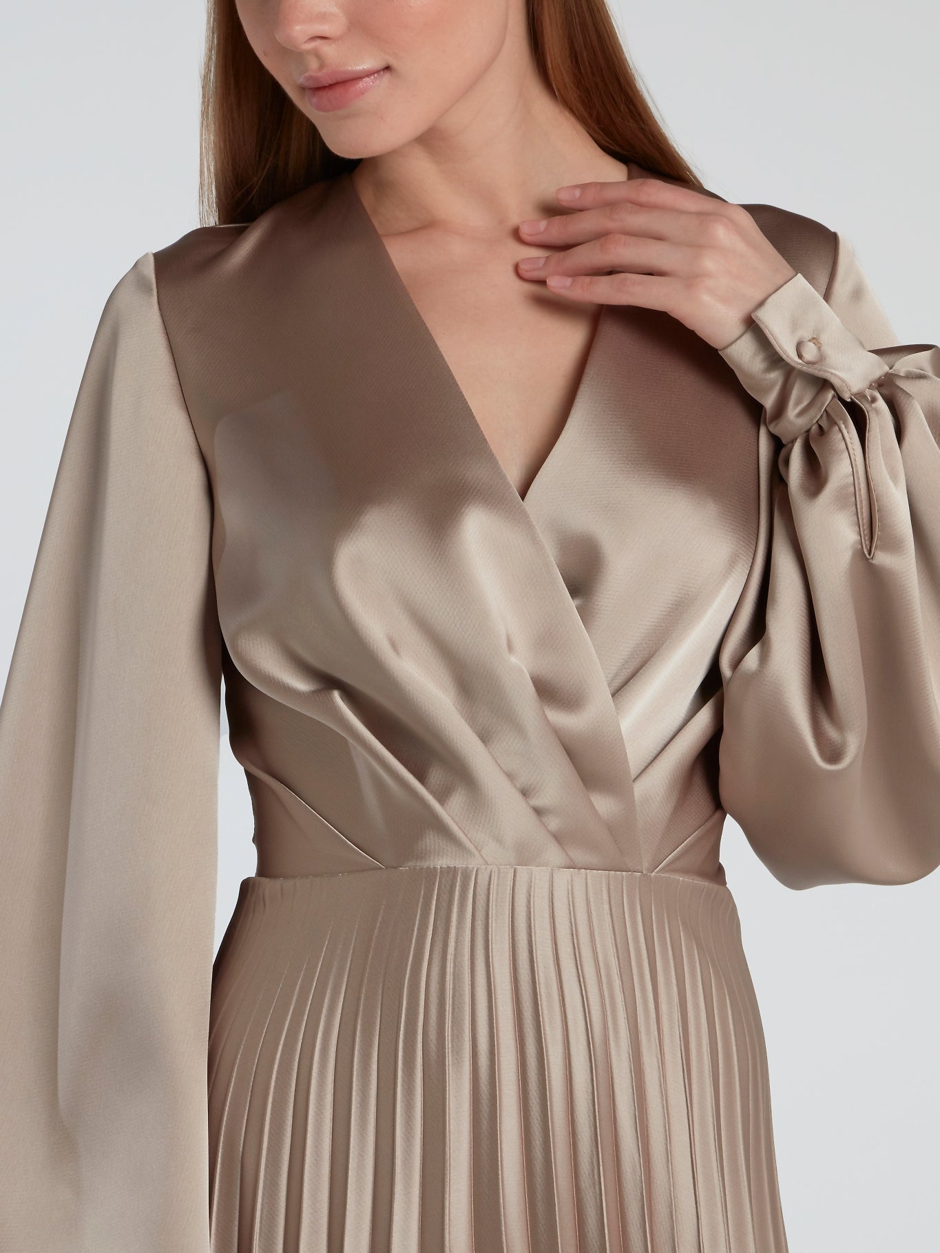 Beige Surplice Accordion Midi Dress