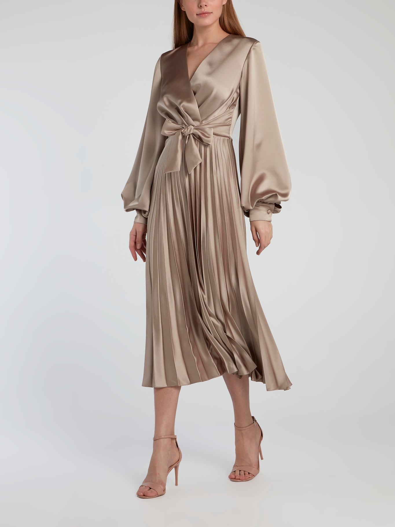 Beige Surplice Accordion Midi Dress