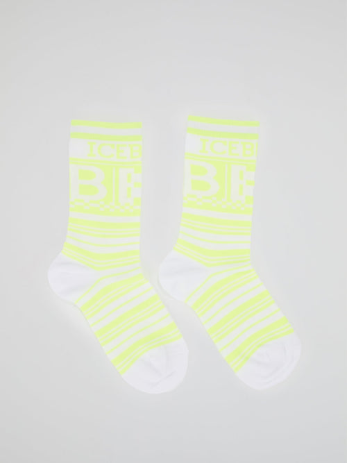 Neon Yellow Logo Striped Crew Socks