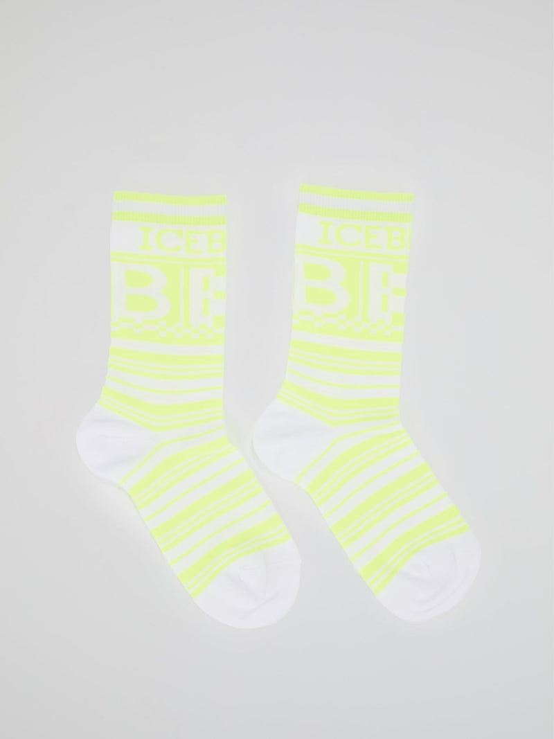 Neon Yellow Logo Striped Crew Socks