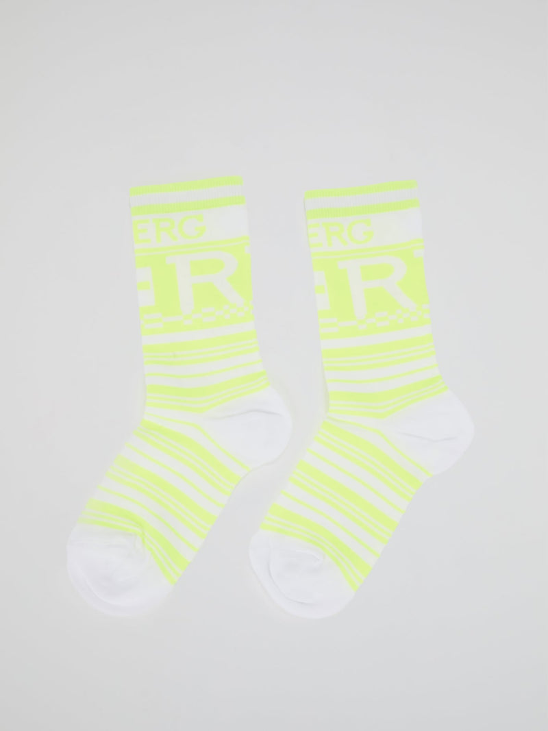 Neon Yellow Logo Striped Crew Socks