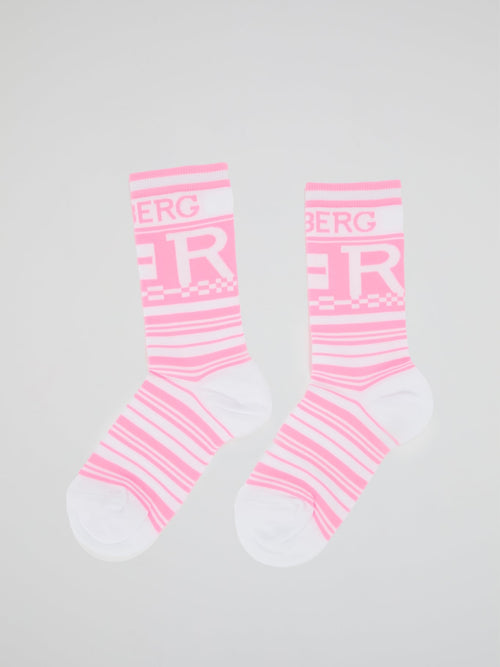 Pink Logo Striped Crew Socks