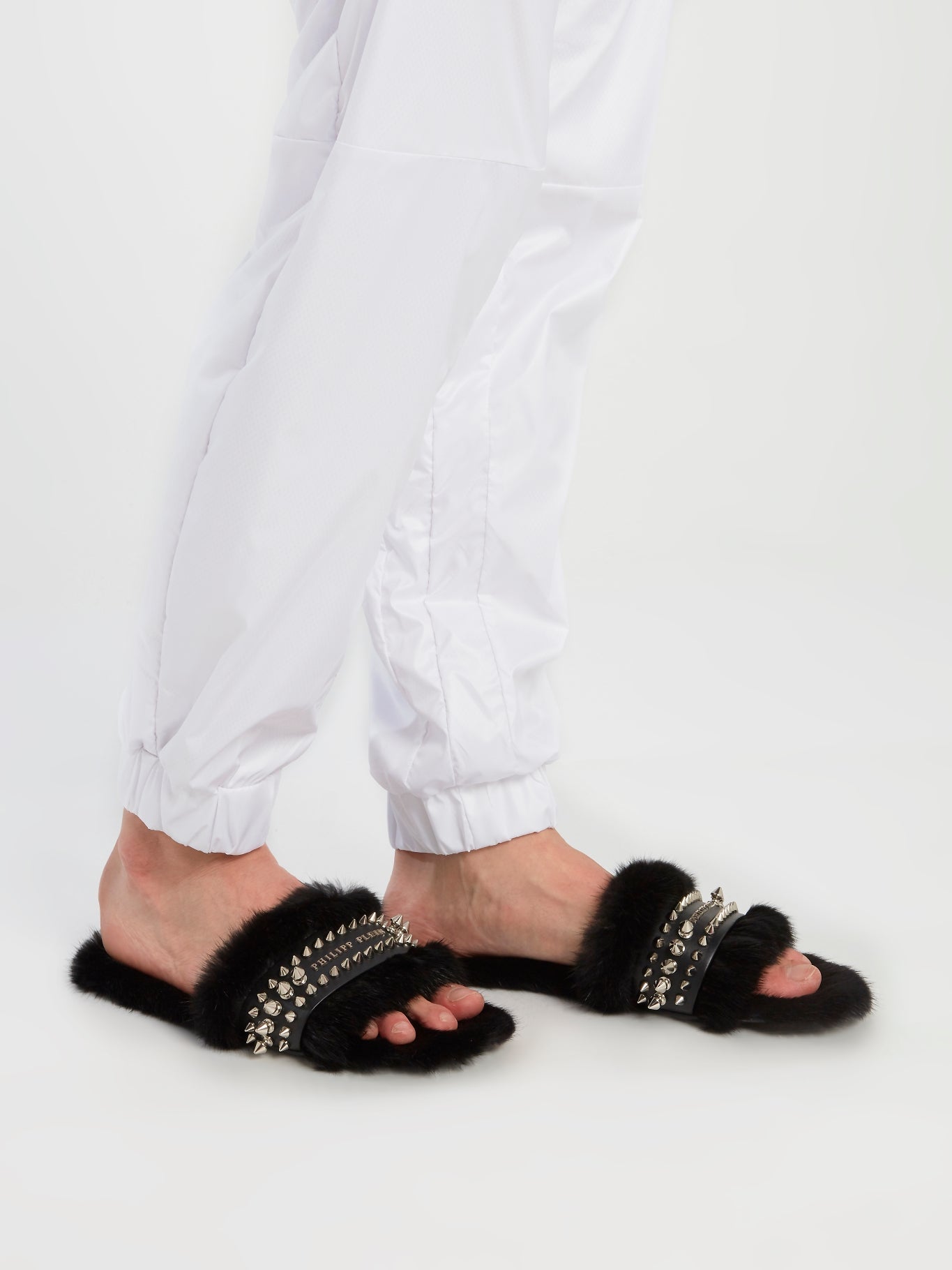 Black Spike Studded Fur Slippers