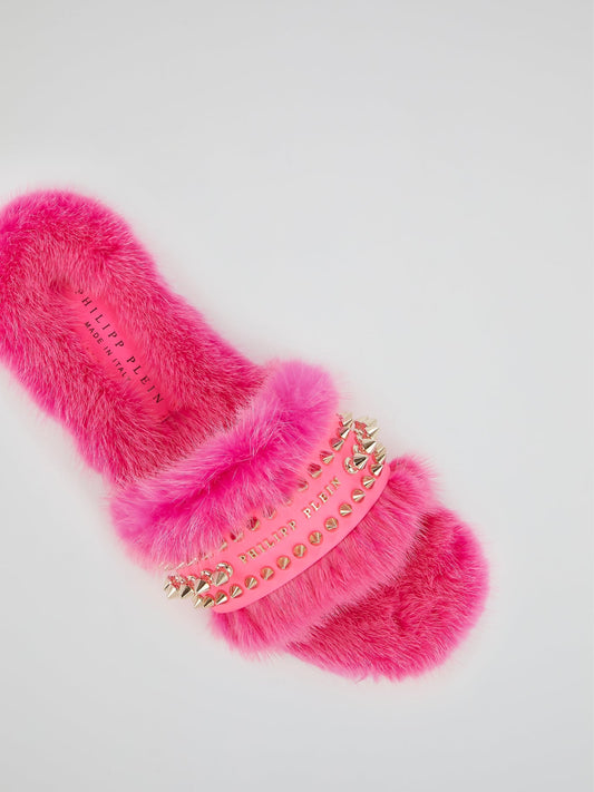 Pink Spike Studded Fur Slippers