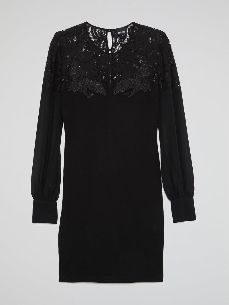 Black Lace Neckline Long Sleeve Dress