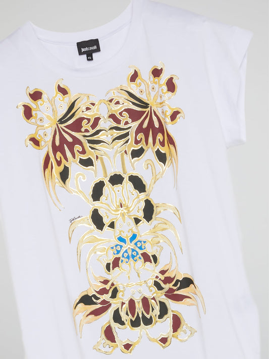 White Printed Cap Sleeve T-Shirt