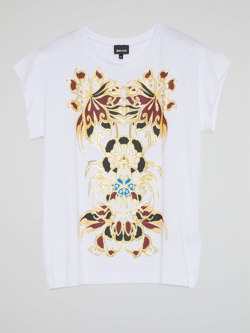 White Printed Cap Sleeve T-Shirt