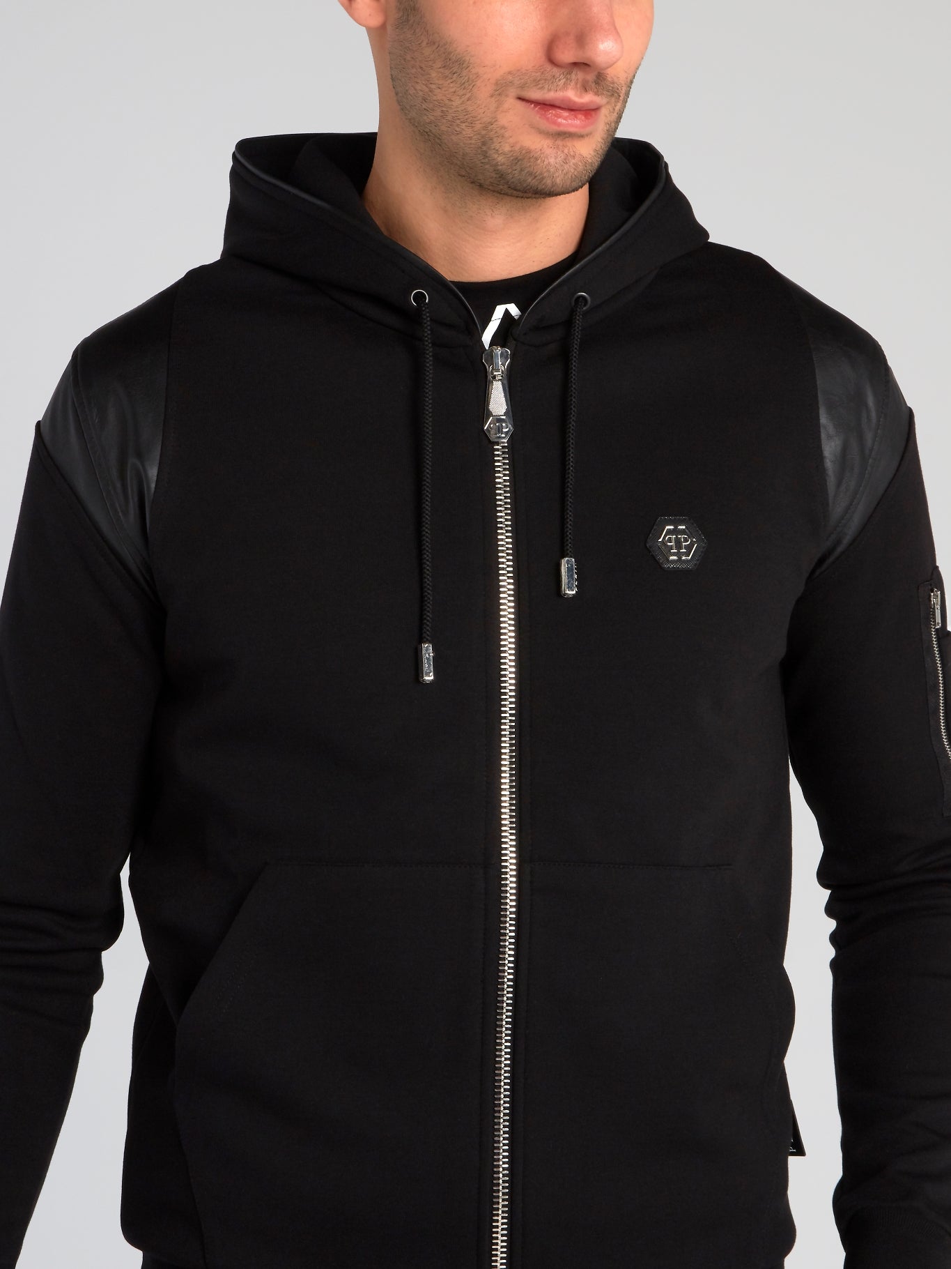 Black Quilt Panel Hooded Sweatshirt