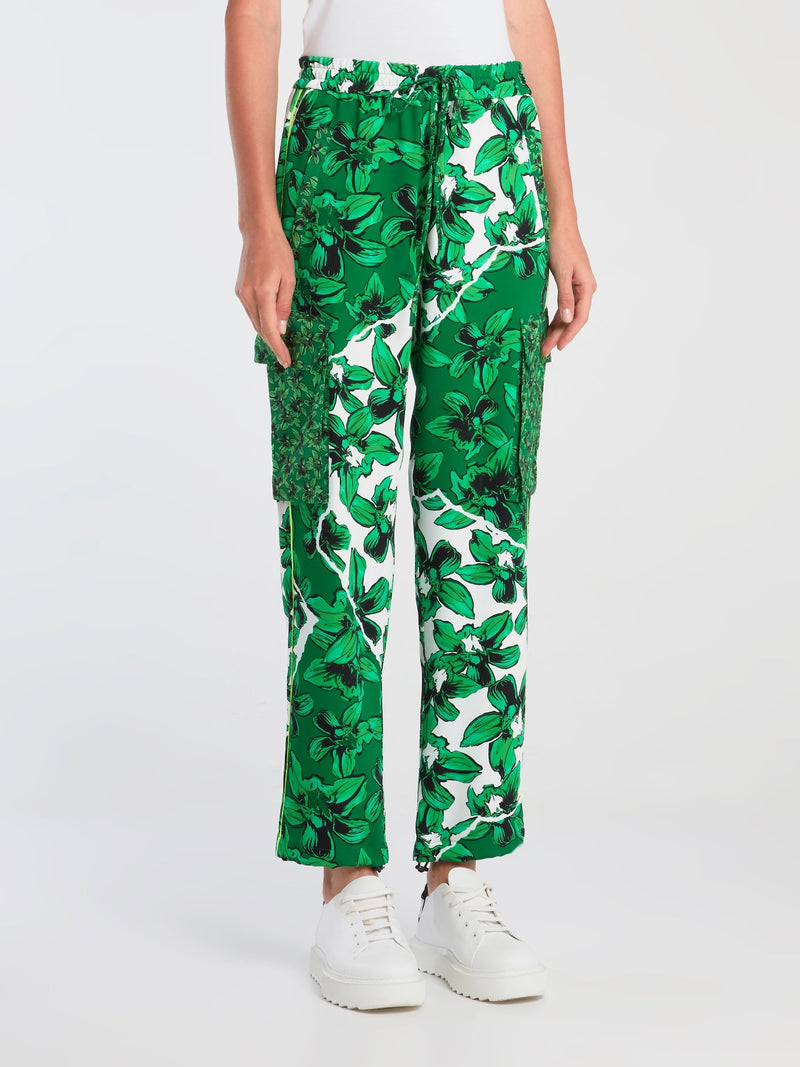 Green Drawstring Floral Cargo Pants