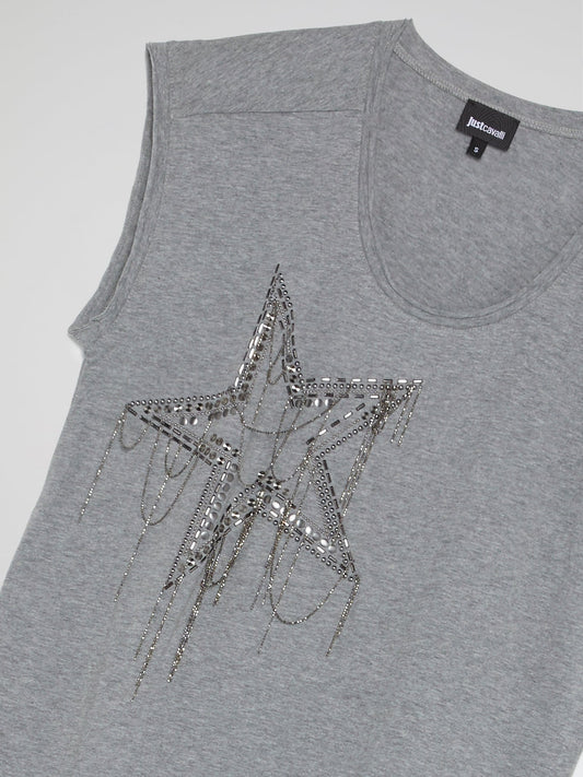 Grey Beaded Star Sleeveless Top