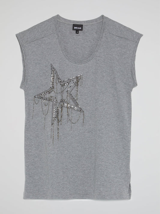 Grey Beaded Star Sleeveless Top