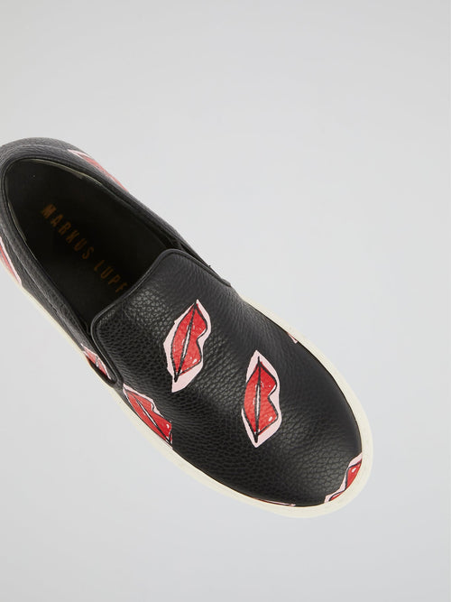 Black Lip Print Slip-On Sneakers