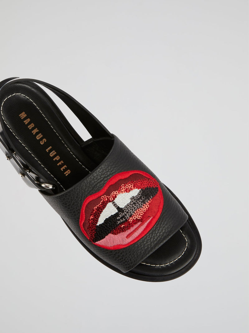 Black Embroidered Slingback Slides