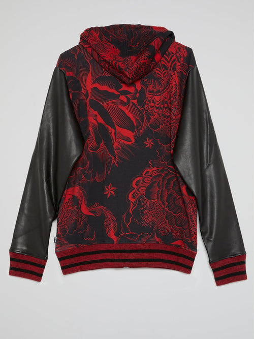 Floral Leather Sleeve Hooded Sweatshirt