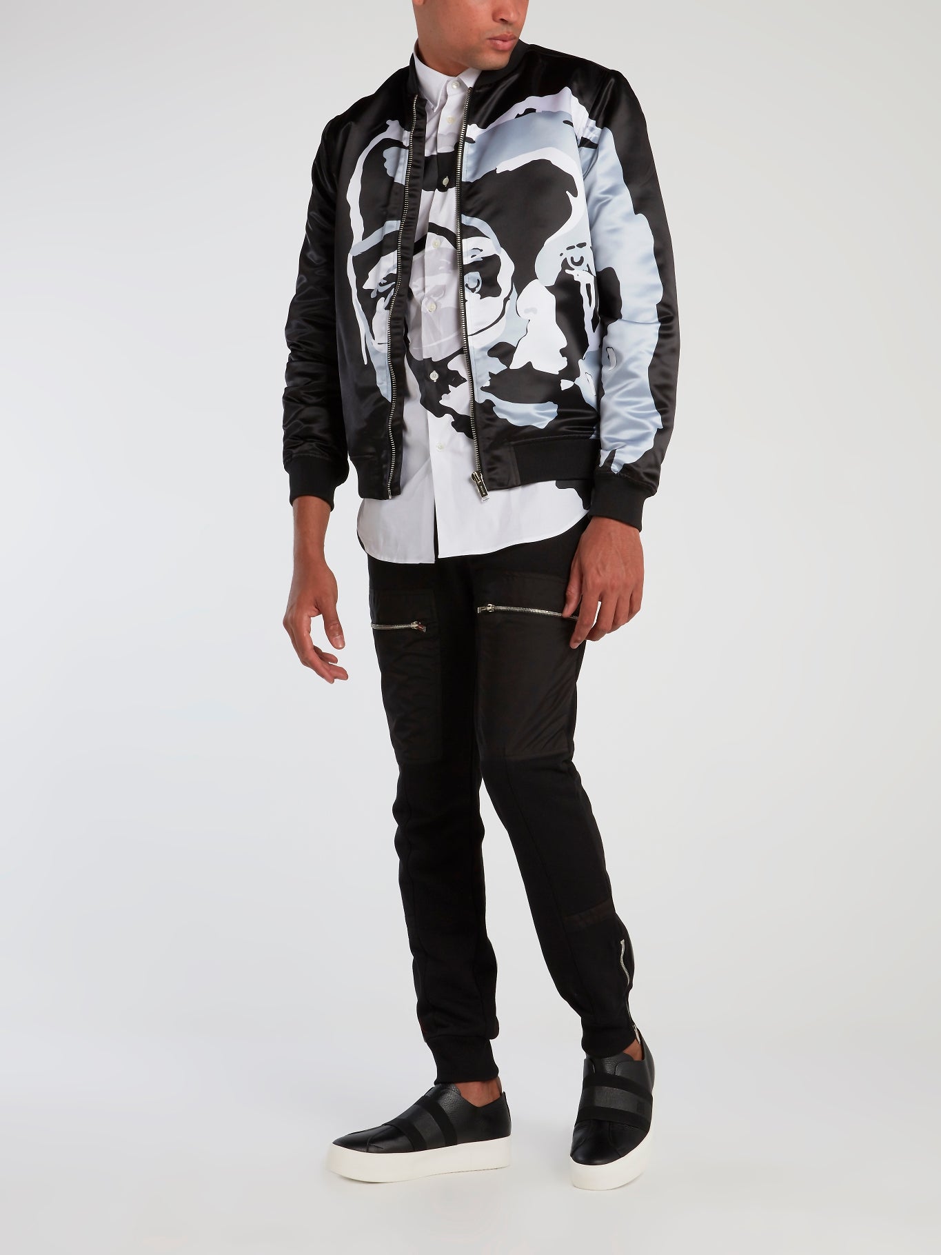 Black Surrealistic Face Print Bomber Jacket