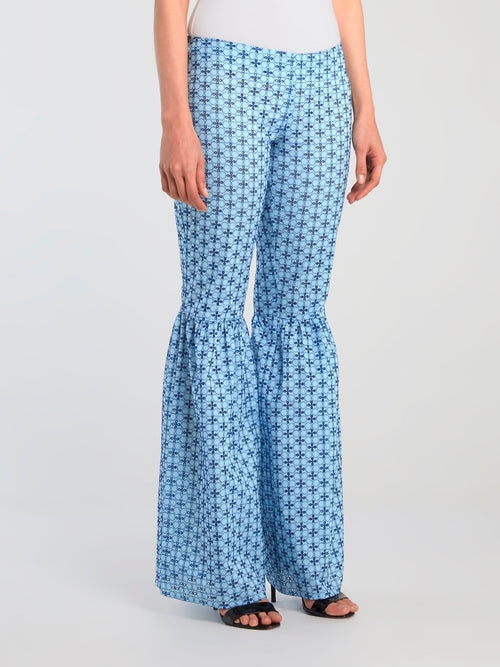 Blue Embroidered Flared Trousers