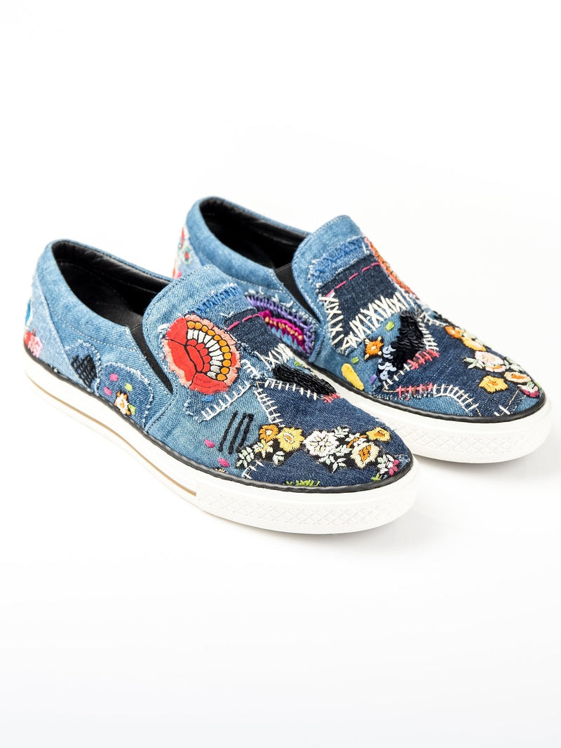 Embroidered Slip On Denim Sneakers