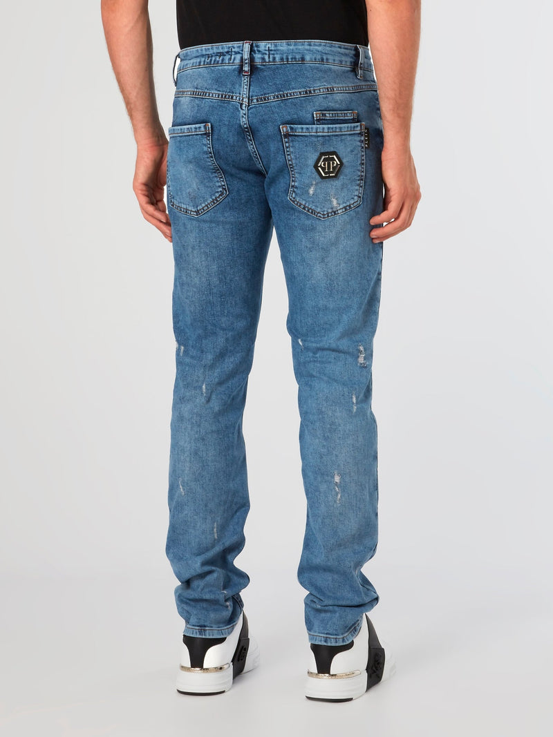 Blue Distressed Straight Cut Jeans