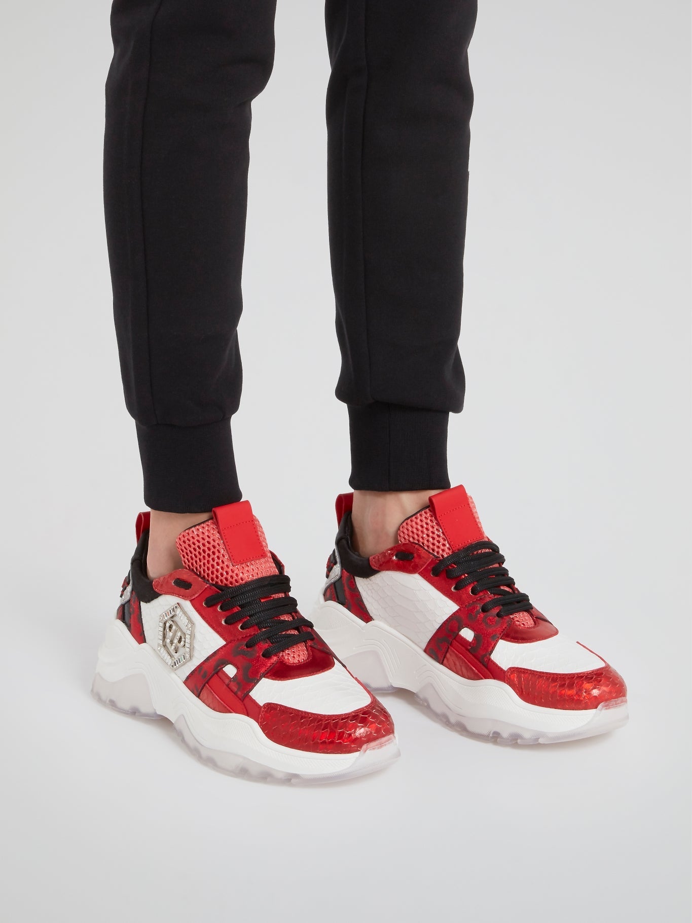 Red Chunky Sole Leather Sneakers